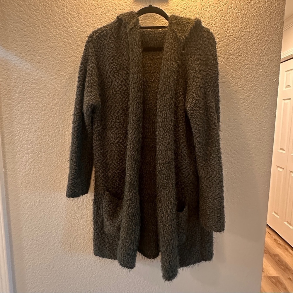 Lovestitch Green Hooded Sherpa Cardigan Open Front Pockets M/L Cozy Warm Layer